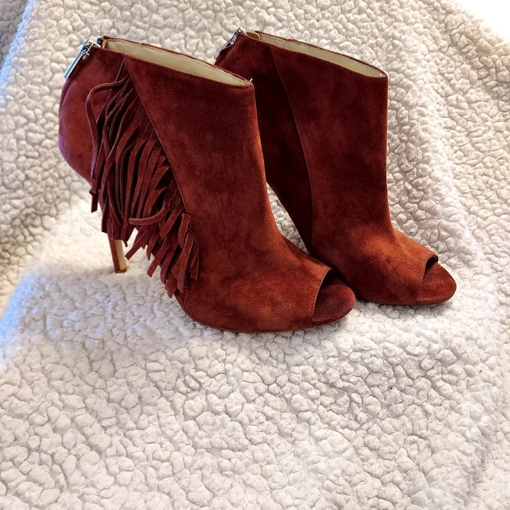Karen Millen Brown Suede Fringe Booties Peep Toe Stiletto sz 39 8.5 Western Boho